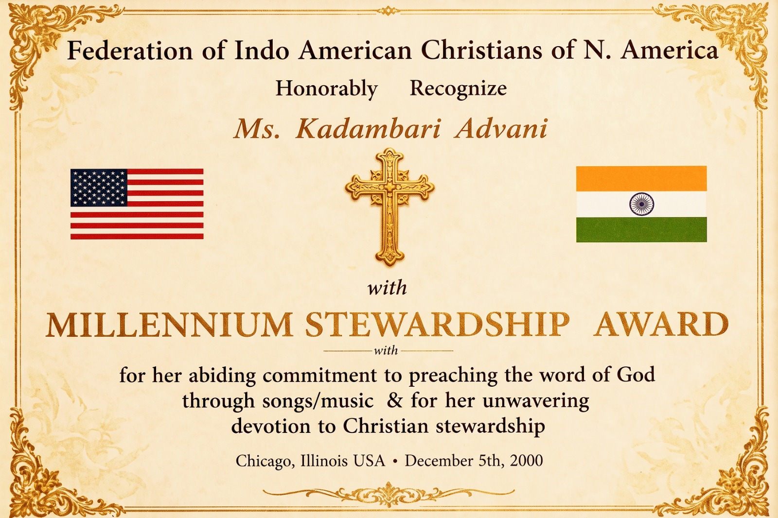 Millennium Stewardship Award presented to Kadambari Advani by the Federation of Indo American Christians of N. America